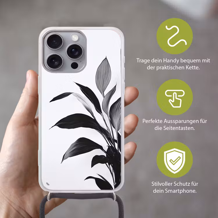 Plant - Bladeren - Minimalistisch - Zwart Hoesje iPhone 16 Pro Max met koord klein -sfeer2_DE