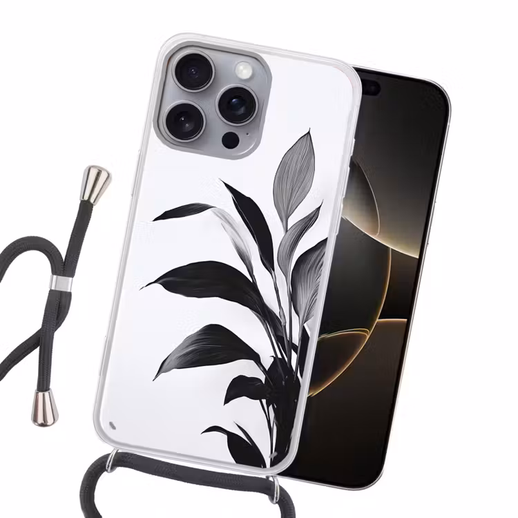Plant - Bladeren - Minimalistisch - Zwart Hoesje iPhone 16 Pro Max met koord klein -sfeer1