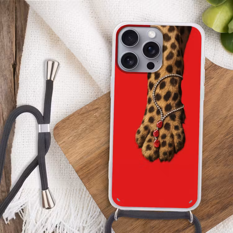 Poot - Luipaard - Ketting - Edelstenen Hoesje iPhone 16 Pro Max met koord klein -sfeer4