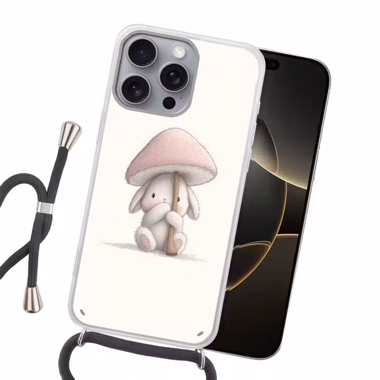 Paddenstoel - Konijn - Roze Hoesje iPhone 16 Pro Max met koord klein -sfeer1