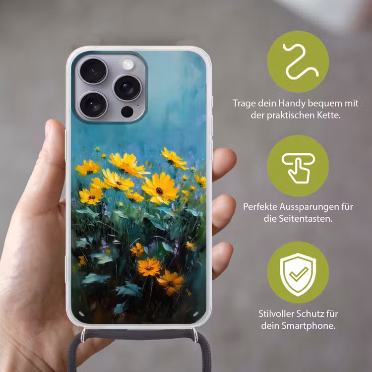 Penseelstreken - Bloemen - Felgeel - Abstract Hoesje iPhone 16 Pro Max met koord klein -sfeer2_DE