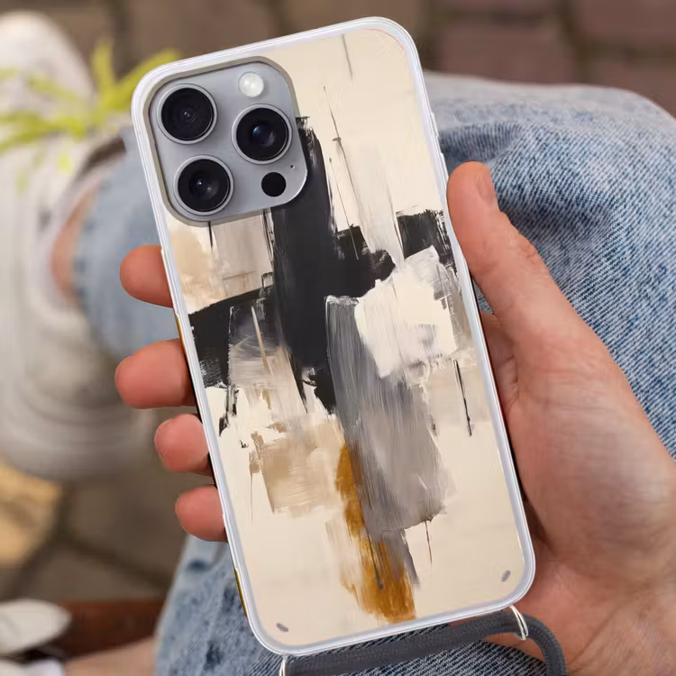 Penseelstreken - Ruw - Abstract - Beige Hoesje iPhone 16 Pro Max met koord klein -sfeer3