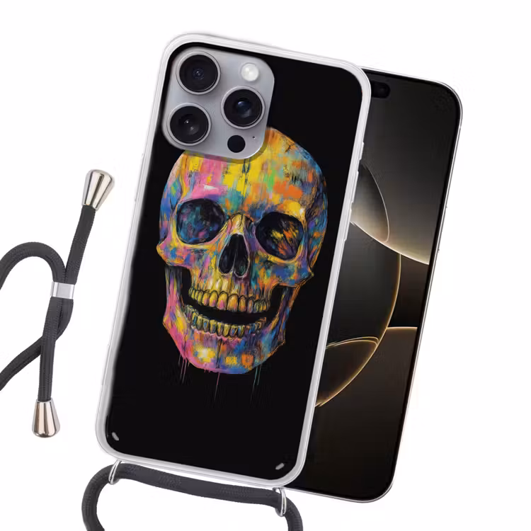Penseelstreken - Schedel - Kleurrijk - Abstract Hoesje iPhone 16 Pro Max met koord klein -sfeer1