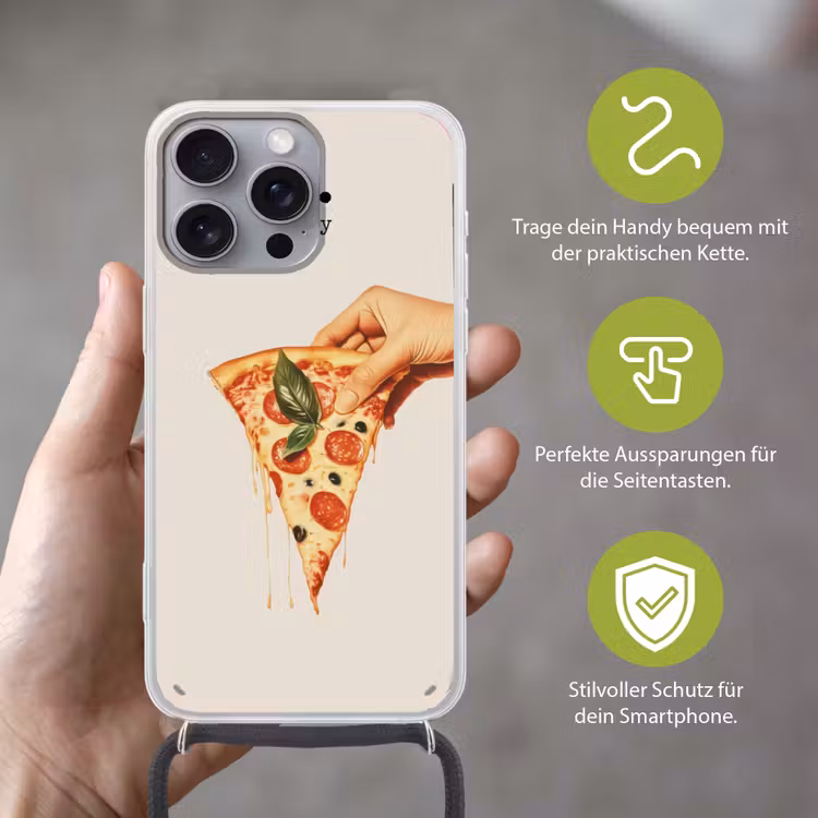Pizza - Kaas - Pepperoni Hoesje iPhone 16 Pro Max met koord klein -sfeer2_DE