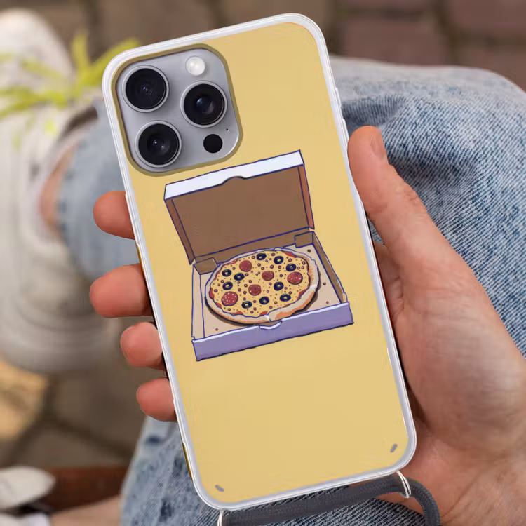 Pizza - Doos - Salami - Illustratie Hoesje iPhone 16 Pro Max met koord klein -sfeer3