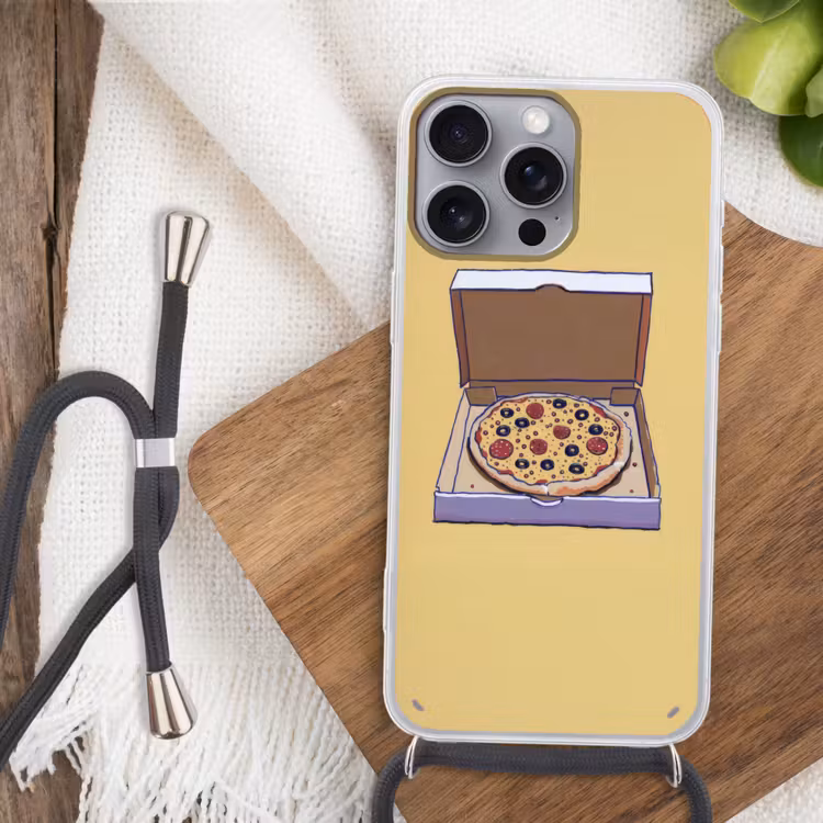 Pizza - Doos - Salami - Illustratie Hoesje iPhone 16 Pro Max met koord klein -sfeer4