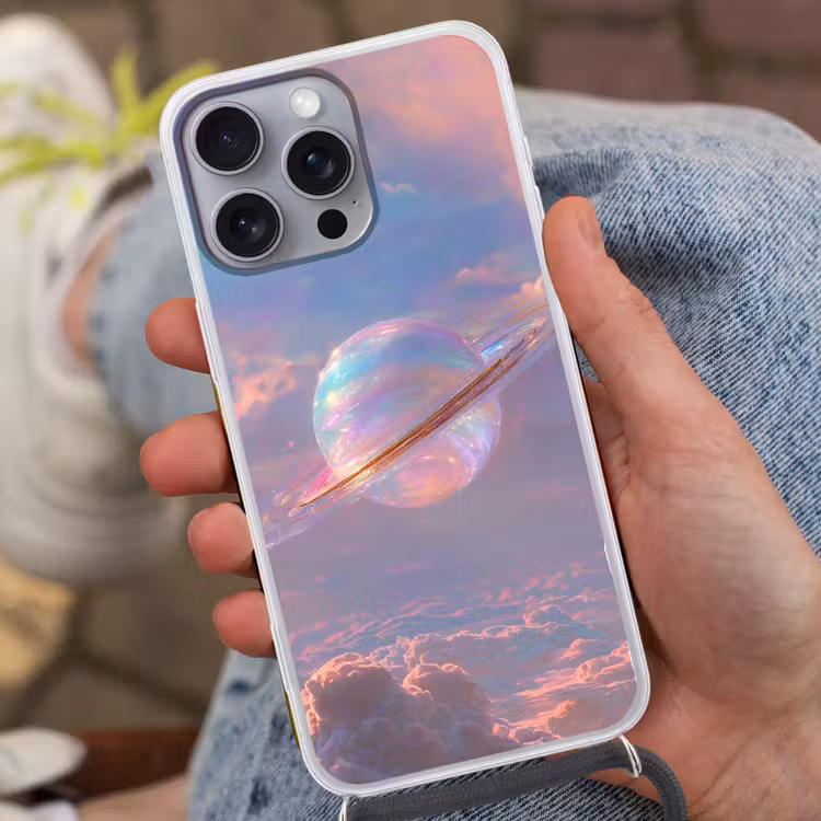 Planeet - Lucht - Wolken - Pasteltinten Hoesje iPhone 16 Pro Max met koord klein -sfeer3