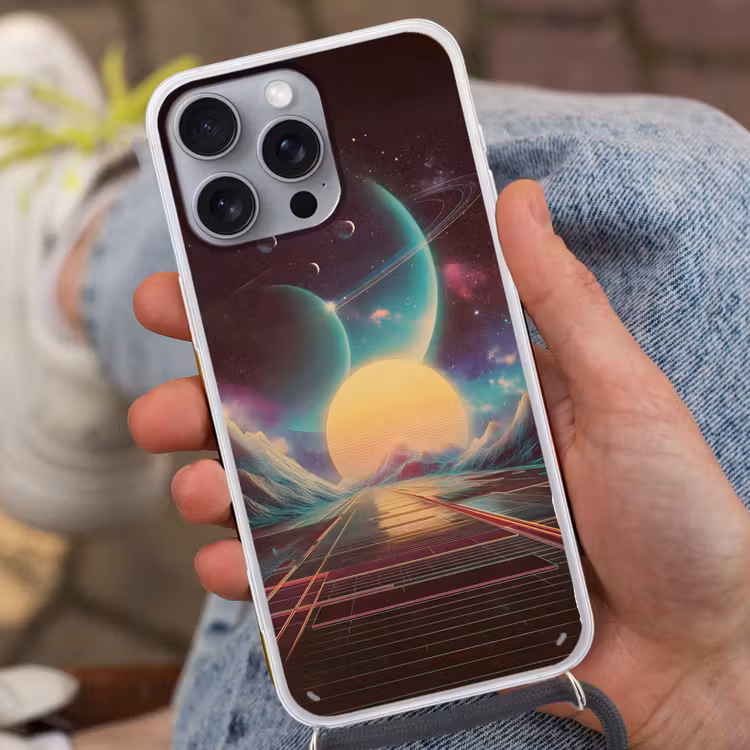 Planeten - Neon - Berglandschap - Zon Hoesje iPhone 16 Pro Max met koord klein -sfeer3