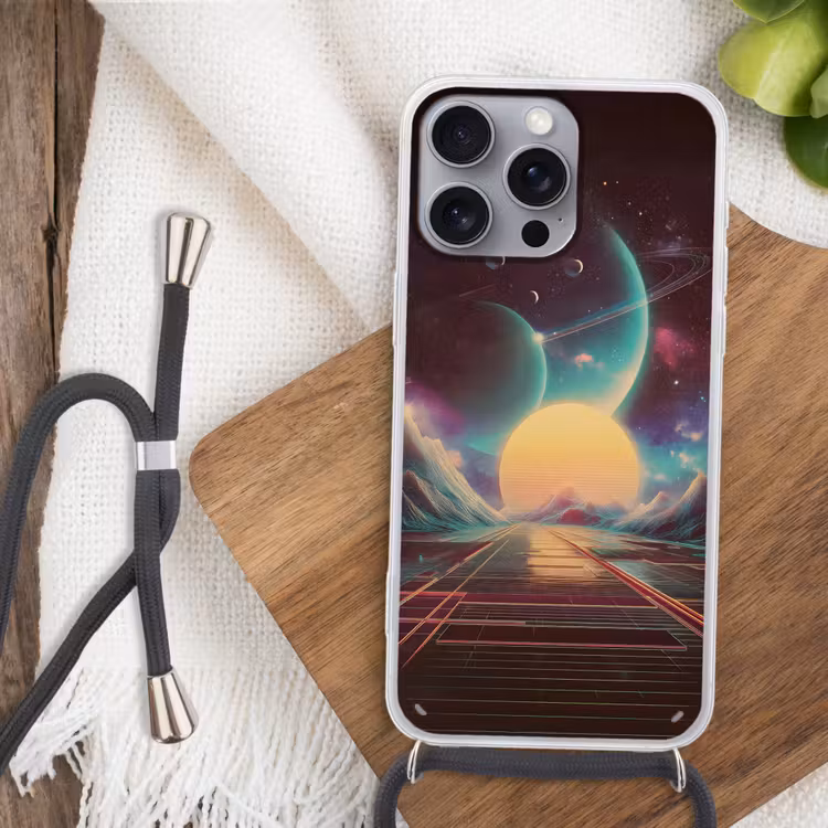 Planeten - Neon - Berglandschap - Zon Hoesje iPhone 16 Pro Max met koord klein -sfeer4