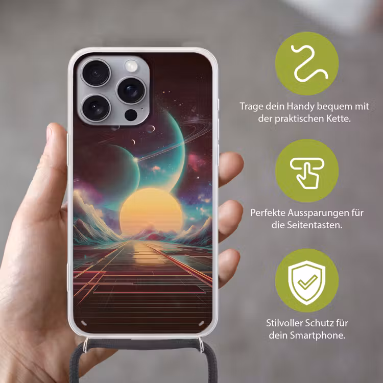 Planeten - Neon - Berglandschap - Zon Hoesje iPhone 16 Pro Max met koord klein -sfeer2_DE