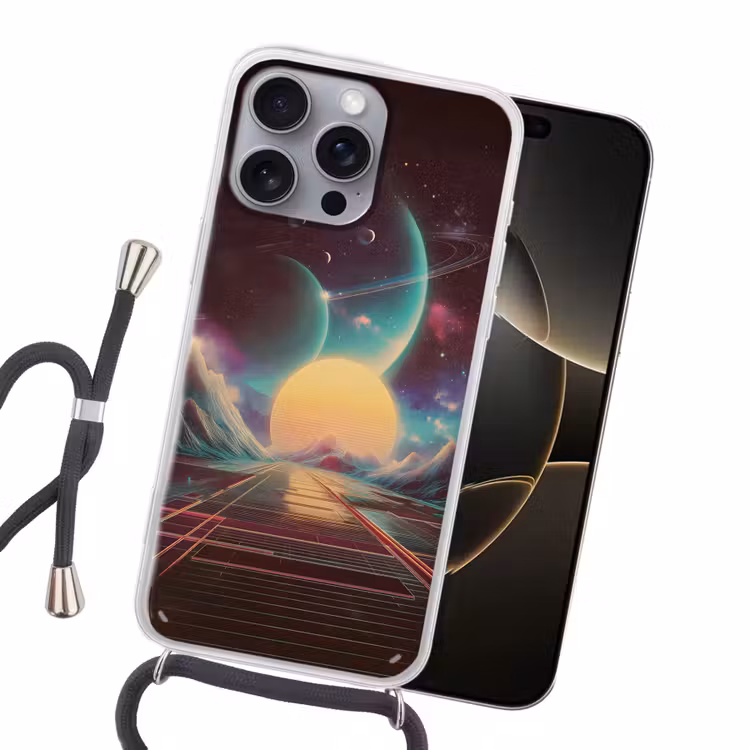 Planeten - Neon - Berglandschap - Zon Hoesje iPhone 16 Pro Max met koord klein -sfeer1