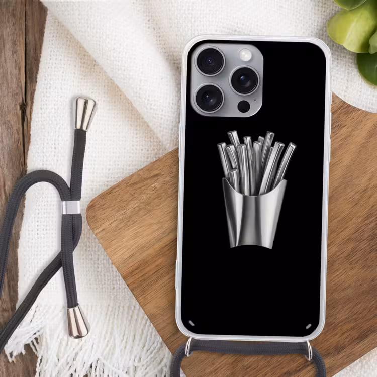 Frietjes - Futuristisch - Zilver Hoesje iPhone 16 Pro Max met koord klein -sfeer4