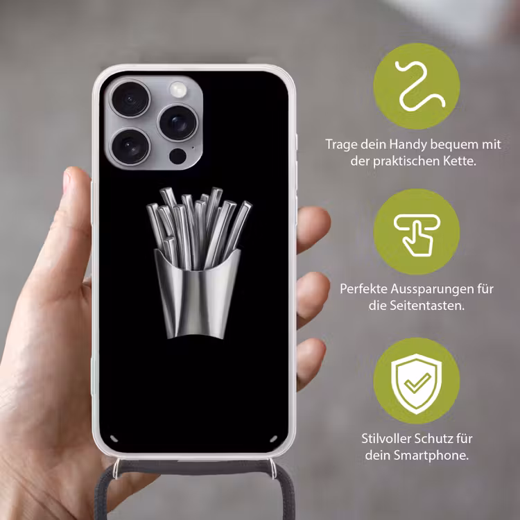 Frietjes - Futuristisch - Zilver Hoesje iPhone 16 Pro Max met koord klein -sfeer2_DE