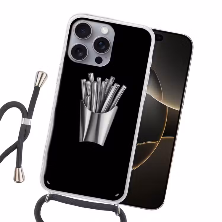 Frietjes - Futuristisch - Zilver Hoesje iPhone 16 Pro Max met koord klein -sfeer1