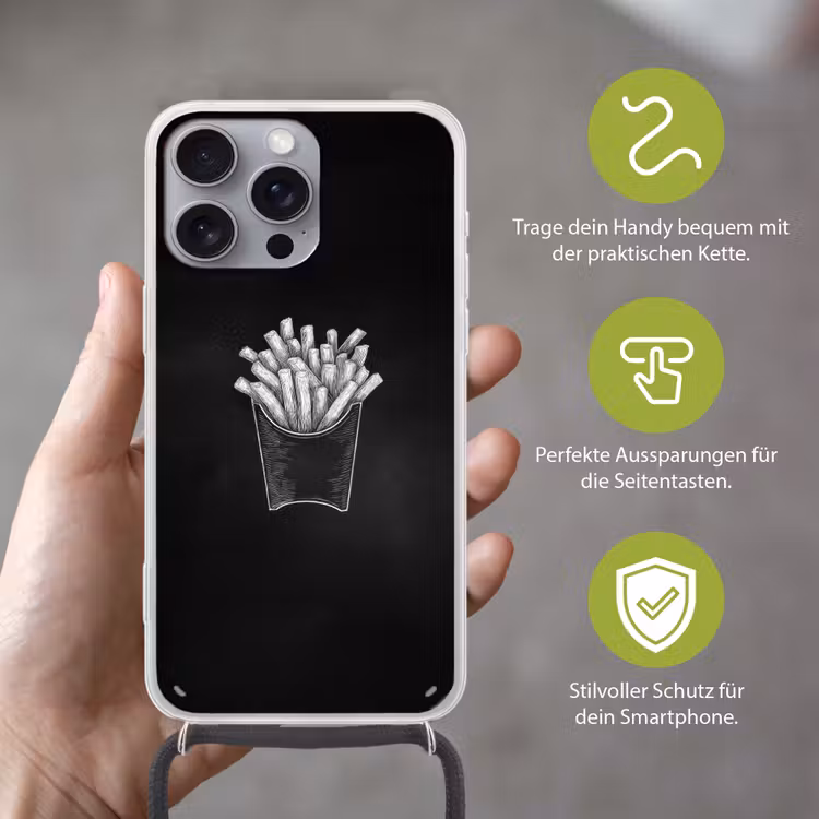 Friet - Witte krijttekening - Zwart Hoesje iPhone 16 Pro Max met koord klein -sfeer2_DE