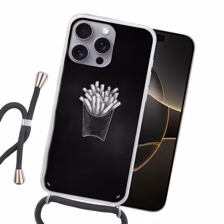 Friet - Witte krijttekening - Zwart Hoesje iPhone 16 Pro Max met koord klein -sfeer1