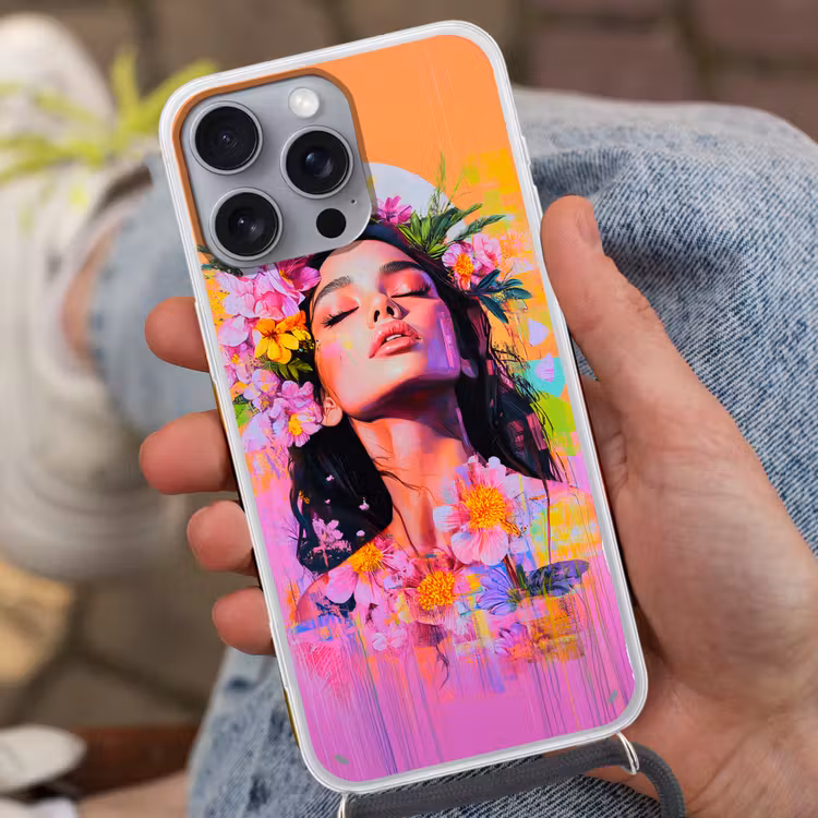 Portret - Bloemenkroon - Vrouw Hoesje iPhone 16 Pro Max met koord klein -sfeer3