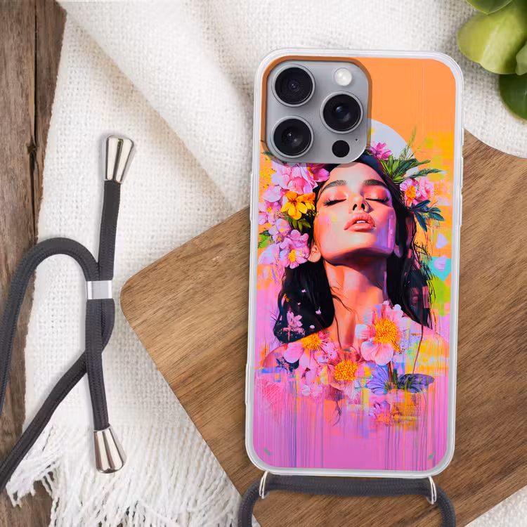 Portret - Bloemenkroon - Vrouw Hoesje iPhone 16 Pro Max met koord klein -sfeer4