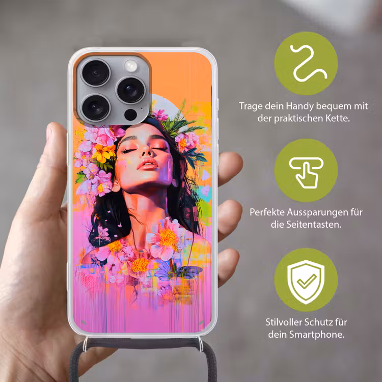 Portret - Bloemenkroon - Vrouw Hoesje iPhone 16 Pro Max met koord klein -sfeer2_DE