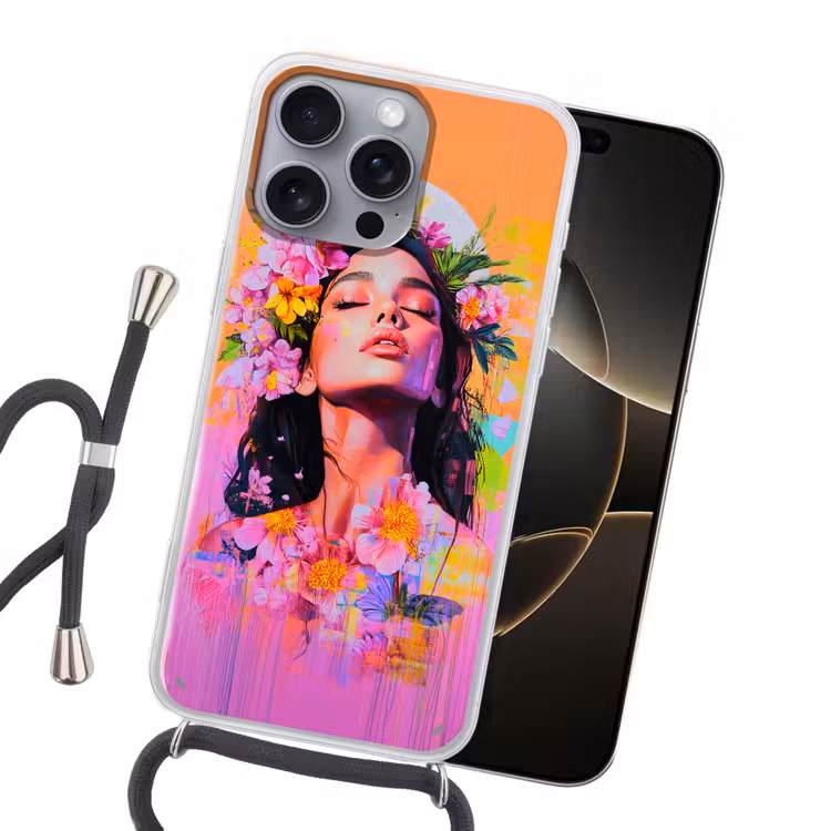 Portret - Bloemenkroon - Vrouw Hoesje iPhone 16 Pro Max met koord klein -sfeer1
