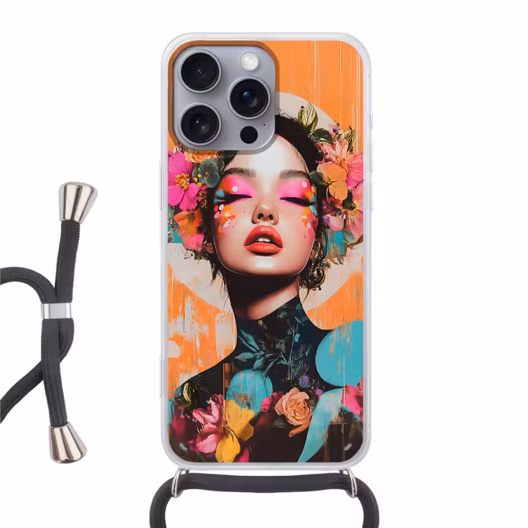 Portret - Vrouw - Abstract - Bloemen Hoesje iPhone 16 Pro Max met koord klein -3d