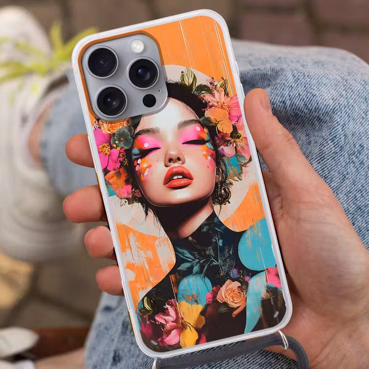 Portret - Vrouw - Abstract - Bloemen Hoesje iPhone 16 Pro Max met koord klein -sfeer3