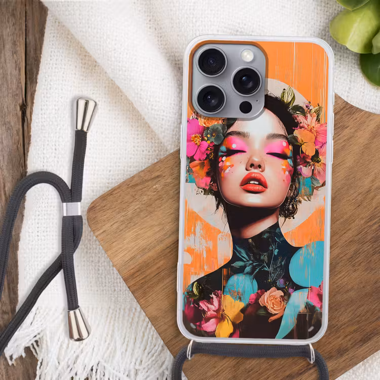 Portret - Vrouw - Abstract - Bloemen Hoesje iPhone 16 Pro Max met koord klein -sfeer4