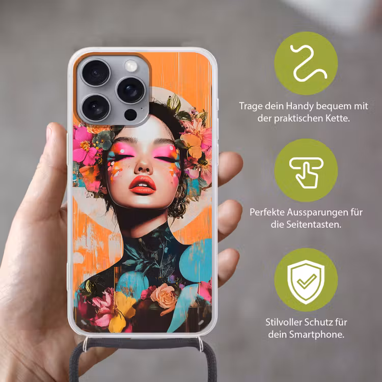 Portret - Vrouw - Abstract - Bloemen Hoesje iPhone 16 Pro Max met koord klein -sfeer2_DE