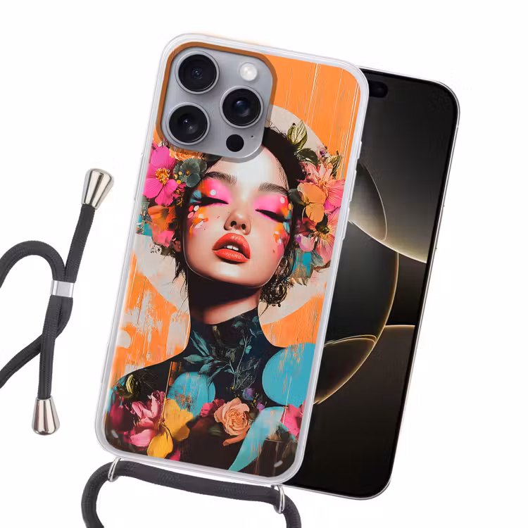 Portret - Vrouw - Abstract - Bloemen Hoesje iPhone 16 Pro Max met koord klein -sfeer1