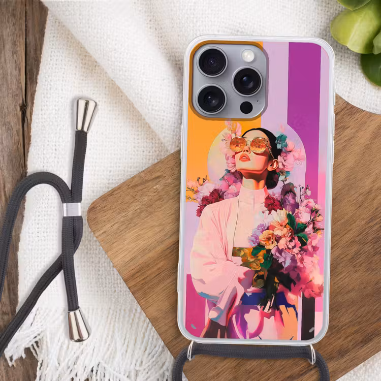 Portret - Vrouw - Abstract - Bloemen Hoesje iPhone 16 Pro Max met koord klein -sfeer4