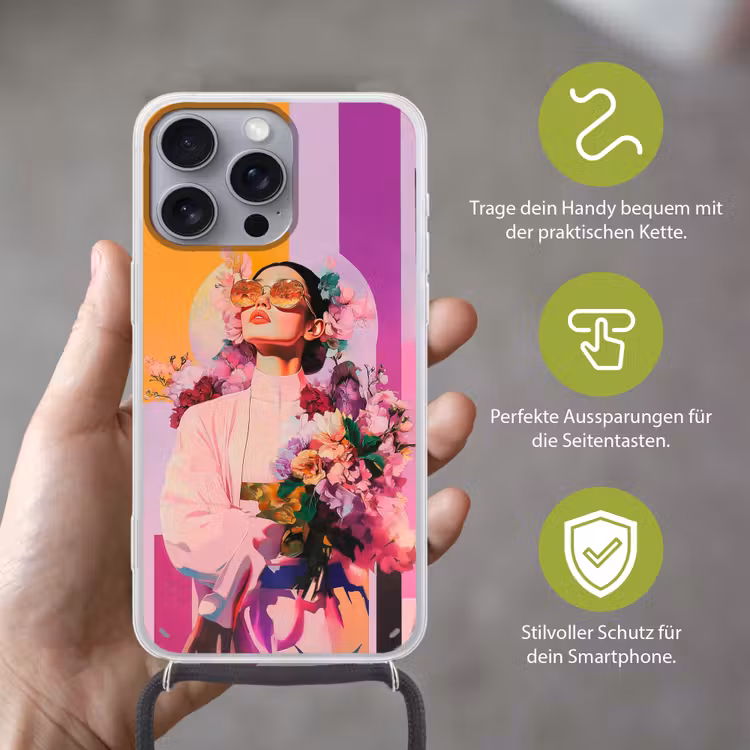 Portret - Vrouw - Abstract - Bloemen Hoesje iPhone 16 Pro Max met koord klein -sfeer2_DE