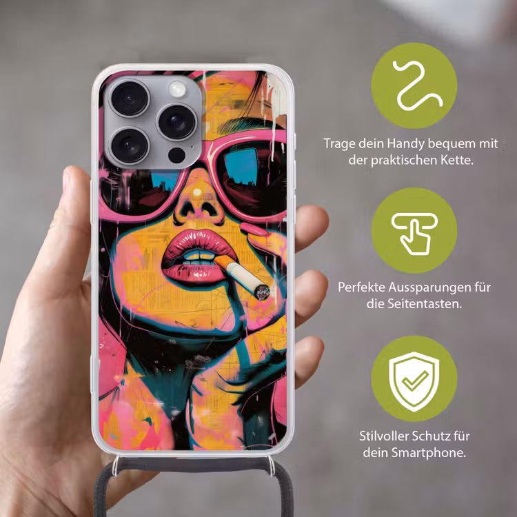 Portret - Vrouw - Abstract - Zonnebril Hoesje iPhone 16 Pro Max met koord klein -sfeer2_DE