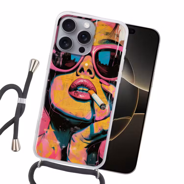 Portret - Vrouw - Abstract - Zonnebril Hoesje iPhone 16 Pro Max met koord klein -sfeer1