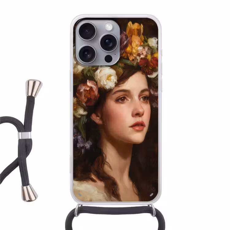 Portret - Vrouw - Bloemen Hoesje iPhone 16 Pro Max met koord klein -3d