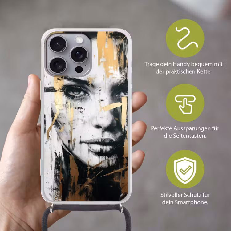 Portret - Vrouw - Penseelstreken - Goud Hoesje iPhone 16 Pro Max met koord klein -sfeer2_DE