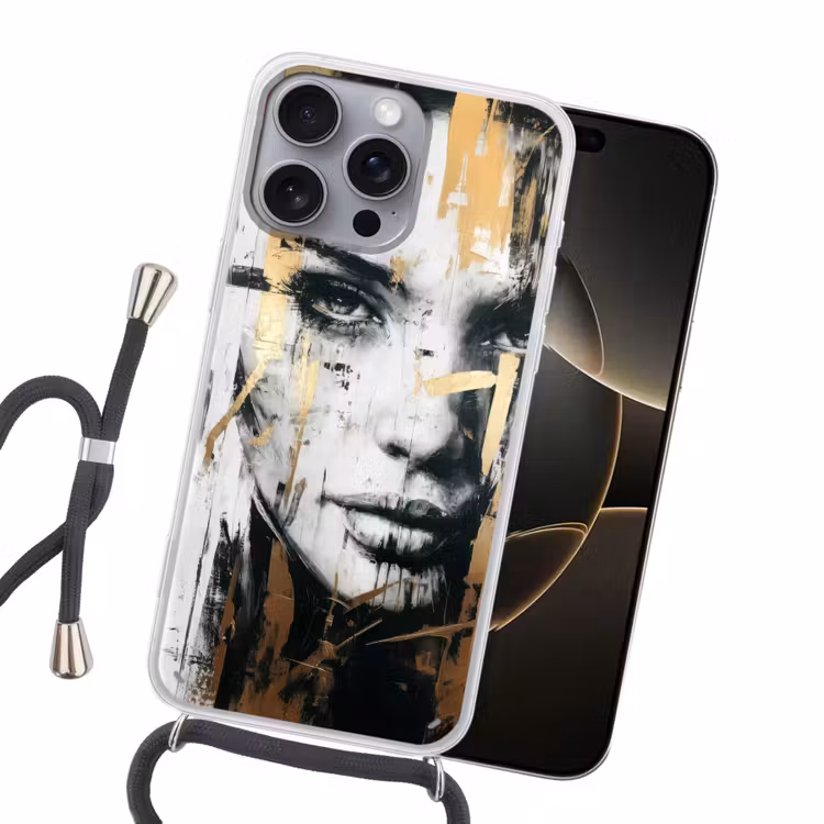 Portret - Vrouw - Penseelstreken - Goud Hoesje iPhone 16 Pro Max met koord klein -sfeer1