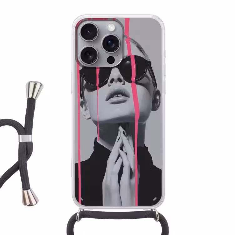 Portret - Vrouw - Zonnebril - Verfdruppels Hoesje iPhone 16 Pro Max met koord klein -3d