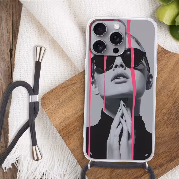 Portret - Vrouw - Zonnebril - Verfdruppels Hoesje iPhone 16 Pro Max met koord klein -sfeer4