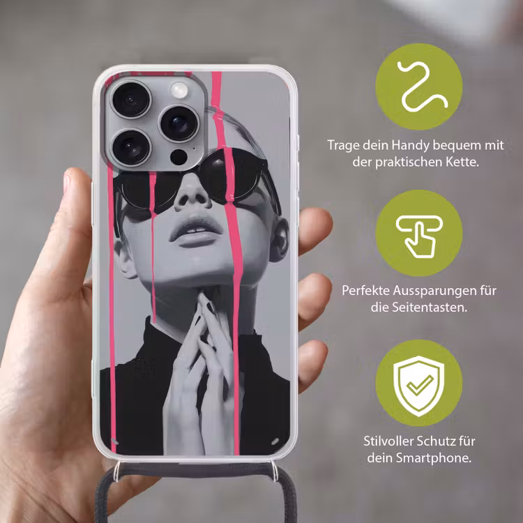 Portret - Vrouw - Zonnebril - Verfdruppels Hoesje iPhone 16 Pro Max met koord klein -sfeer2_DE