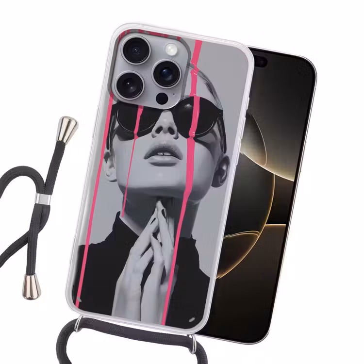 Portret - Vrouw - Zonnebril - Verfdruppels Hoesje iPhone 16 Pro Max met koord klein -sfeer1