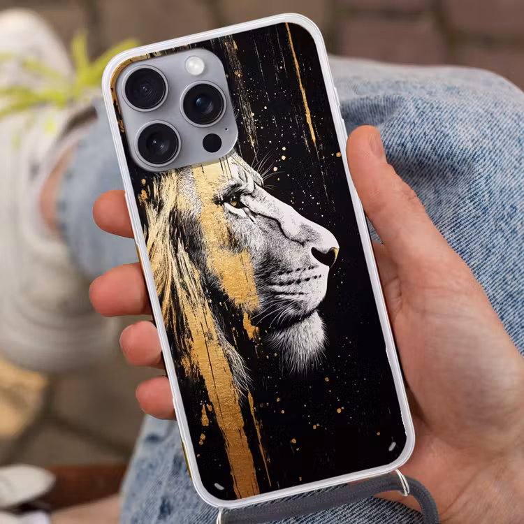 Portret - Leeuw - Abstract - Goud Hoesje iPhone 16 Pro Max met koord klein -sfeer3