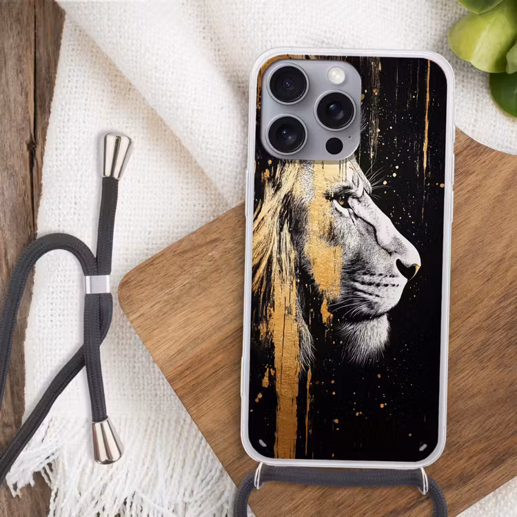 Portret - Leeuw - Abstract - Goud Hoesje iPhone 16 Pro Max met koord klein -sfeer4