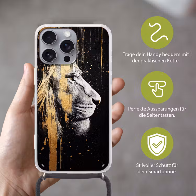 Portret - Leeuw - Abstract - Goud Hoesje iPhone 16 Pro Max met koord klein -sfeer2_DE