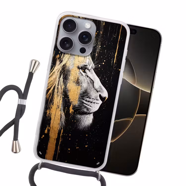Portret - Leeuw - Abstract - Goud Hoesje iPhone 16 Pro Max met koord klein -sfeer1
