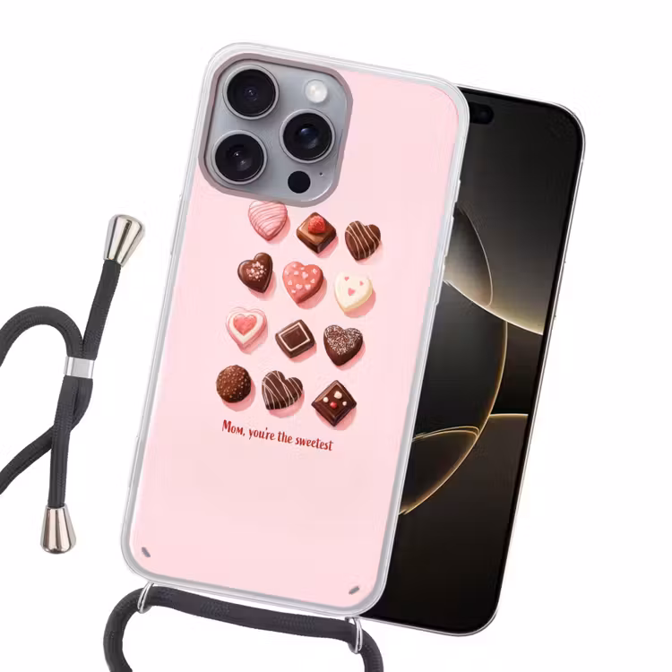 Chocolaatjes - Hartvormig - Liefste Hoesje iPhone 16 Pro Max met koord klein -sfeer1