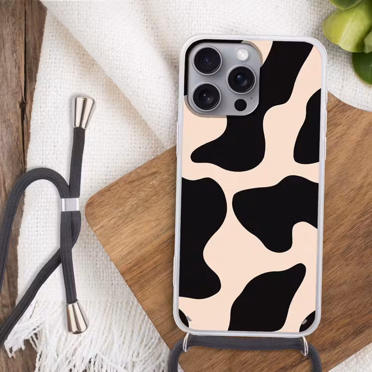Vlekkenpatroon - Koe - Beige Hoesje iPhone 16 Pro Max met koord klein -sfeer4