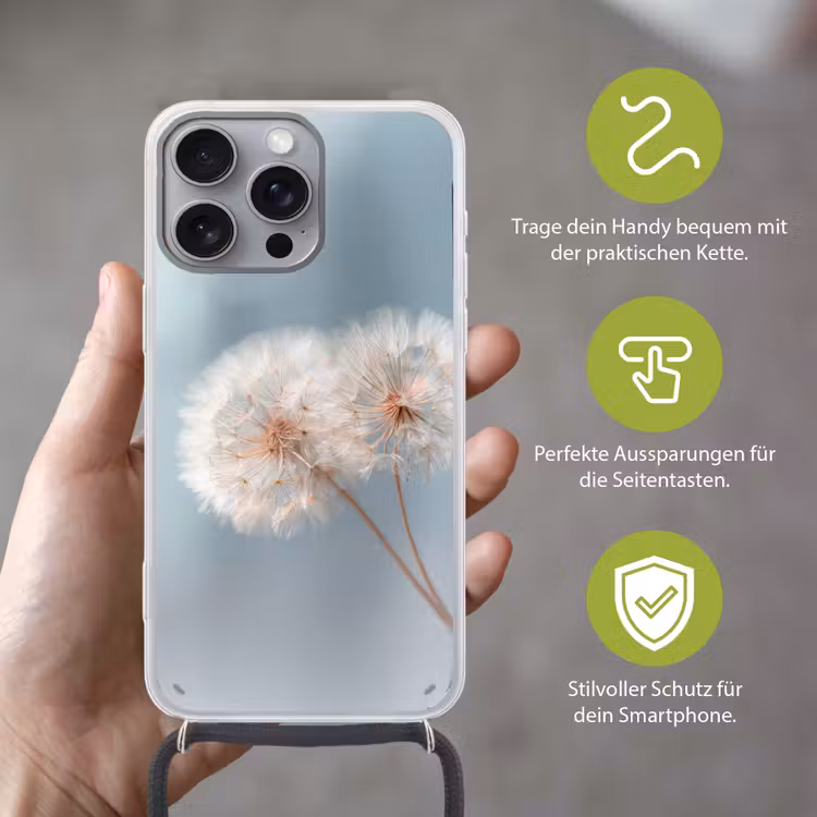 Paardenbloemen - Pluisjes - Wit Hoesje iPhone 16 Pro Max met koord klein -sfeer2_DE