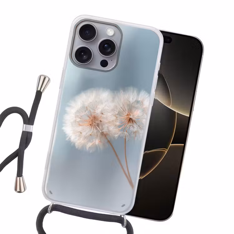 Paardenbloemen - Pluisjes - Wit Hoesje iPhone 16 Pro Max met koord klein -sfeer1