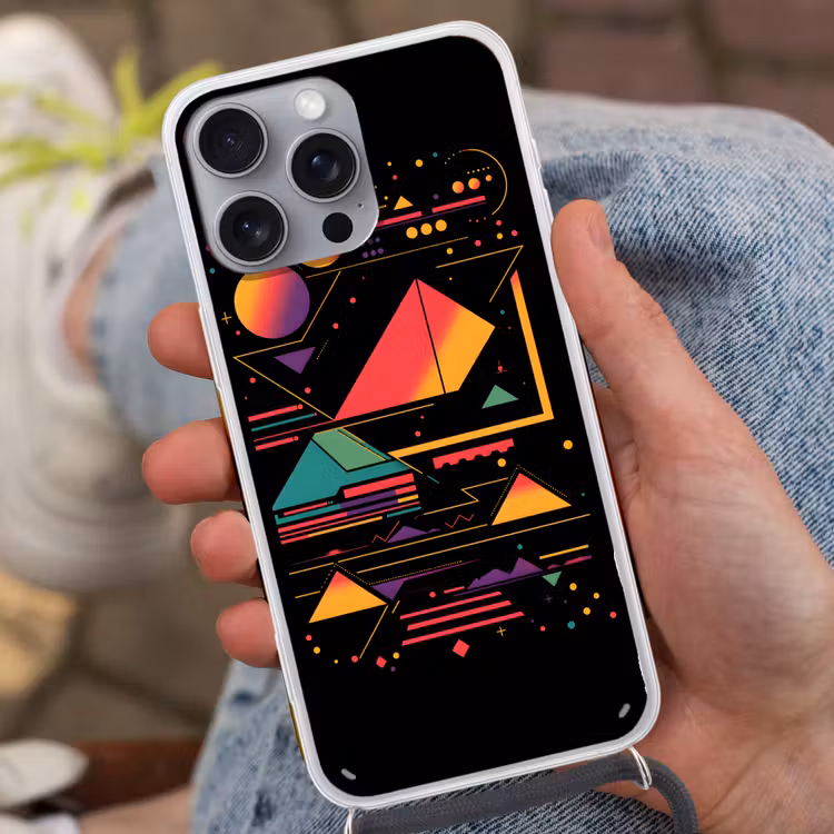 Piramides - Cirkels - Neonkleuren - Geometrisch Hoesje iPhone 16 Pro Max met koord klein -sfeer3