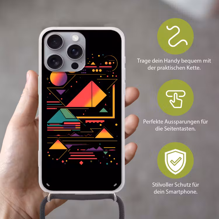 Piramides - Cirkels - Neonkleuren - Geometrisch Hoesje iPhone 16 Pro Max met koord klein -sfeer2_DE